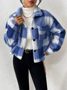 SHEIN Essnce Plush Color-blocked Jacket - Royal Blue - View 4