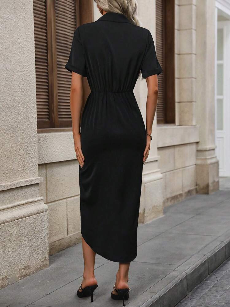 Women's Color-blocked Lapel Pleated Short Sleeve Dress