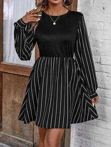 SHEIN LUNE Women's Round Neck Striped Dress - Black and White - View 4