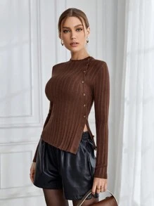 SHEIN Privé Suéter De Botones De Un Solo Color - Marrón - Ver 3