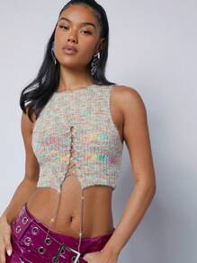 Hauture Space Dye Lace Up Crop Sweater Top - Multicolor - View 2