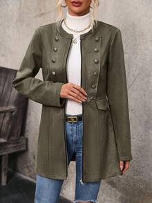 SHEIN LUNE Đôi ngực Dây kéo Trang trí Áo khoác - xanh quân đội - Xem 6