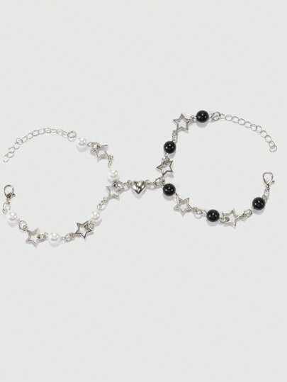 Grunge Punk 2 pièces Ensemble de bracelets punk style noir et blanc avec décoration de perles fausses et étoiles, convient pour le port quotidien et comme cadeau de la Saint-Valentin, pour maman, mère, fête des mères
