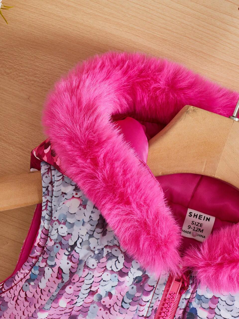 Baby Girls' Thick Pink Plush Padded Coat With Sparkly Print And Patchwork Design For Winter Daily Casual Wear