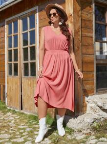 SHEIN VCAY 大尺寸女士無袖集褶腰裙 - 香檳色 - 查看 5