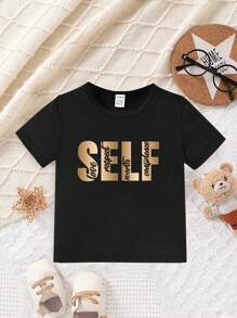 SHEIN Camiseta/camisa De Manga Corta Con Estampado De Letras Divertidas, Sencillas E Informales Para Bebés - Negro - Ver 1