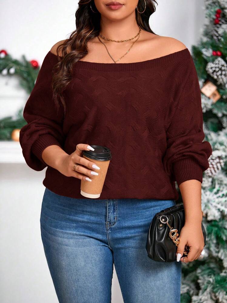 SHEIN Clasi Suéter de punto con mangas de farol asimétricas y hombros en talla grande, unicolor, para otoño e invierno - Burdeos - Ver 3