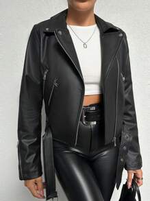 EURMUSE Zipper Design Belted Pu Biker Jacket - Black - View 4