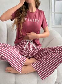 Women's Letter Printed T-shirt And Striped Pants Pajama Set