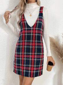 SHEIN LUNE Plaid Print Overall Dress Without Sweater - Multicolor - View 4
