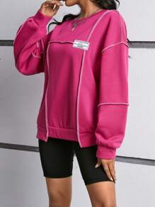 SHEIN EZwear Áo nỉ lót nhiệt dáng rộng dành cho nữ có chi tiết vá, vai trễ và đường may hở - Màu Hồng Tươi - Xem 3