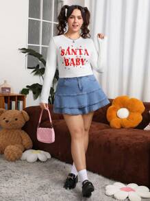 SHEIN EZwear Langarm T-shirt Mit Aufdruck Und Schmaler Passform Buchstabe Muster