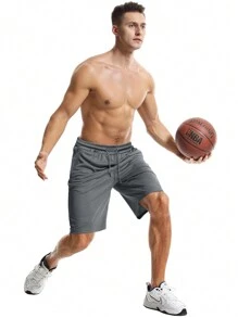 SHEIN Basketball Men's Drawstring Waist Sports Shorts - Dark Grey - View 3