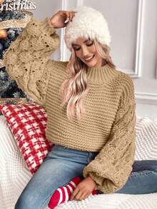 SHEIN LUNE 女士純色立領下肩鬆身休閒毛衣 - 棕色 - 查看 5