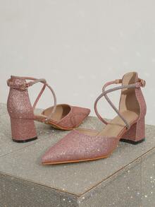 粗跟尖头水钻装饰交叉带闪亮设计，优雅的宴会派对，百搭镂空女鞋 - 粉色 - 查看 5