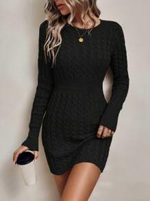 SHEIN Essnce Vestido Tipo Suéter Informal De Punto De Cable De Color Sólido Con Cuello Redondo Para Mujer - Negro - Ver 7
