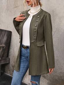 SHEIN LUNE Đôi ngực Dây kéo Trang trí Áo khoác - xanh quân đội - Xem 4