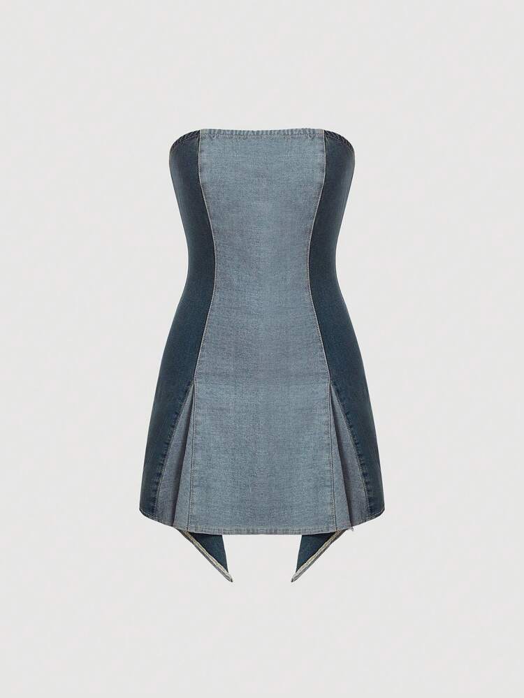 Colorblock Zip Back Tube Denim Dress
