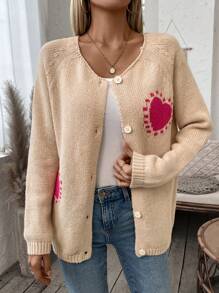 SHEIN LUNE 女士愛心鑲嵌連肩袖釦扣開襟針織衫 - 卡其色 - 查看 1
