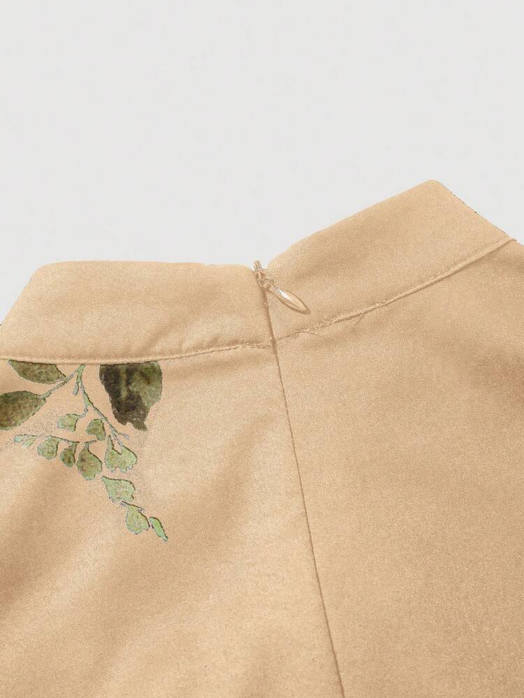 Women's Apricot-colored Floral Printed Waist-tied Dress