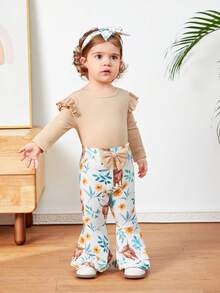 SHEIN 寶寶女孩動物和花卉印花t卹和喇叭褲套裝 - 杏色 - 查看 3