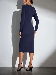 SHEIN Tall Của phụ nữ Vòng cổ Dây thắt lưng Dây kéo Đầm - Màu xanh hải quân - Xem 2