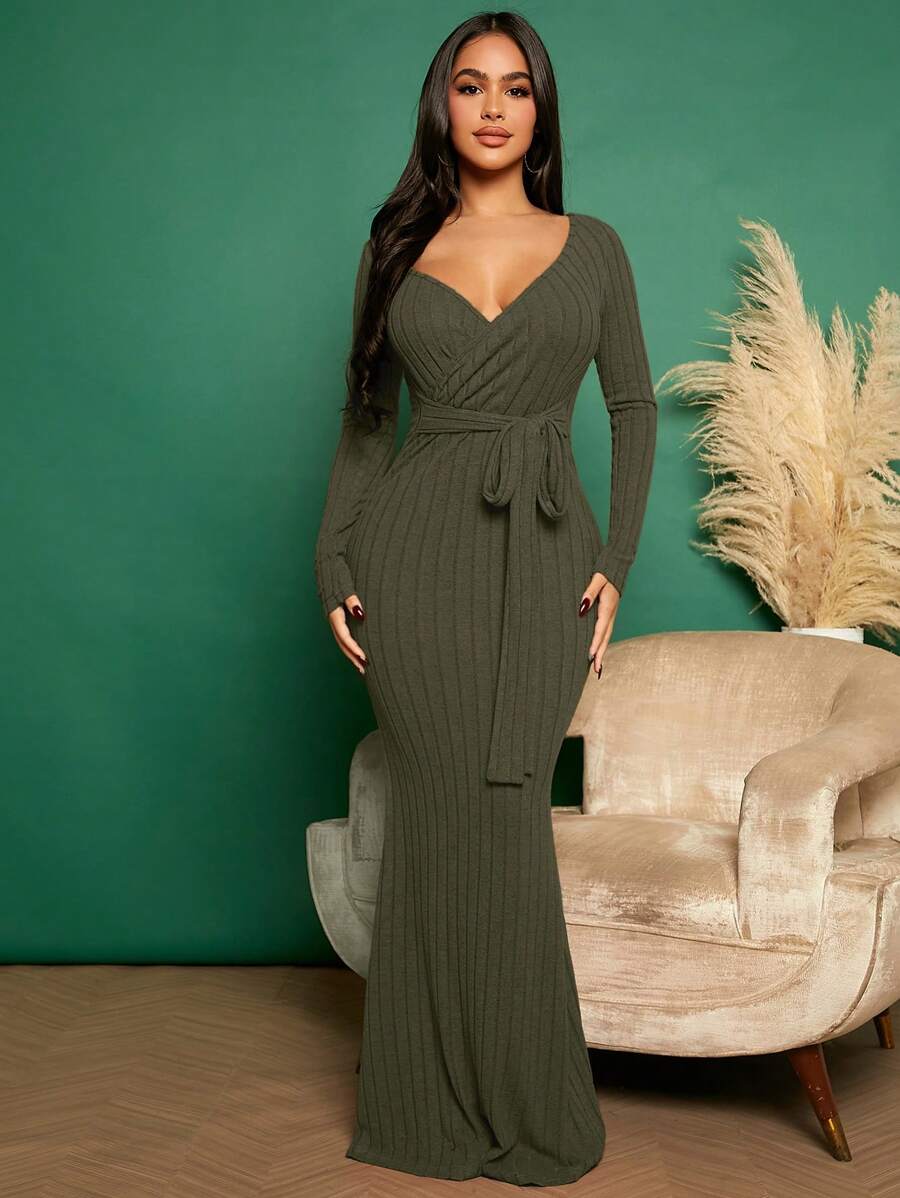 SHEIN SXY Của phụ nữ Đồ đan Ribbed Thắt lưng Đuôi cá Đầm - màu xanh lá - Xem 1