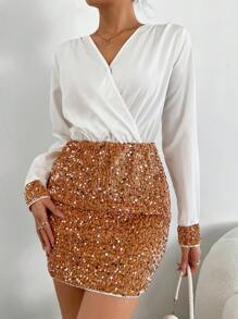 SHEIN PETITE Patchwork Sparkly V-Neck Long Sleeve Dress For Holiday Party Clothes Sequin Women Outfit