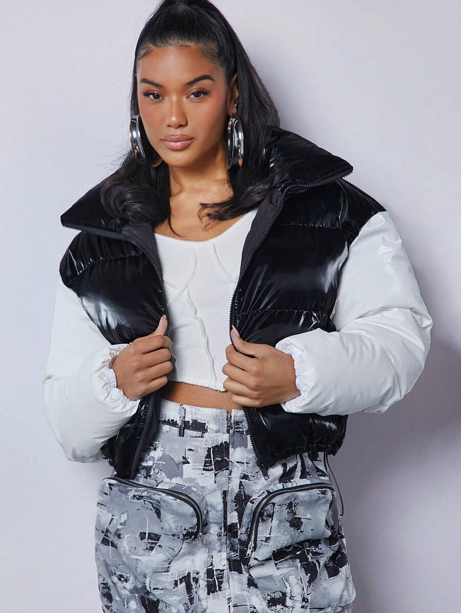 SHEIN Haute Colorblock Zip Up Padded Coat - Black and White - View 1