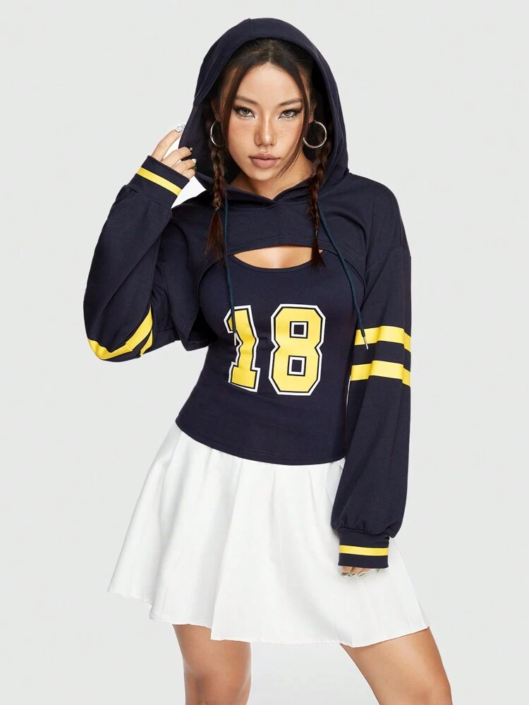 Vintage Sports Street Style Cropped Sweatshirt & Cami Top 2pcs/set