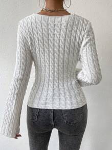 Chiquease Floral Cable Knit Sweater With Bell Sleeves And Wrap-front Detail - White - View 2