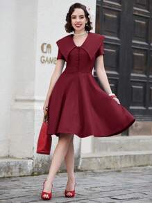 MUXXN Vintage 1950's Button Down Wrap V Neck Midi Casual Cocktail Prom Party Swing Dresses - Maroon - View 2
