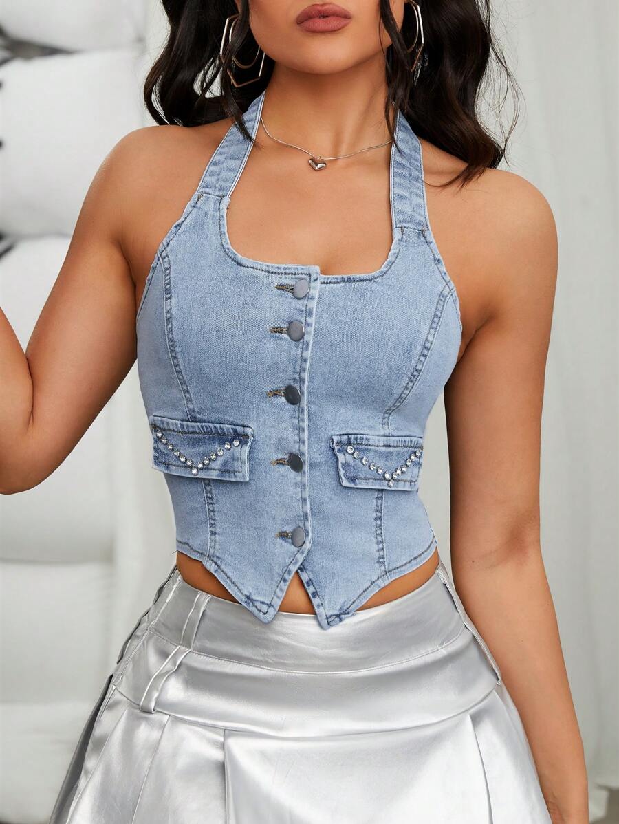 SHEIN ICON Top De Cuello Halter Con Botones Delanteros Y Detalles De Diamantes De Imitación En Denim Para Mujer - Lavado ligero - Ver 1
