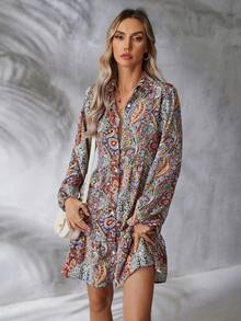 SHEIN Clasi Paisley In Tay áo lồng đèn Đầm - Đỏ - Xem 3
