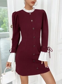 SHEIN Privé Vestido De Mujer Con Mangas Acampanadas, Color Bloque Y Cierre De Botón Único - Burdeos - Ver 4