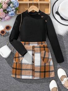 SHEIN 女童肩扣t恤和優雅裙子套裝 - 彩色 - 查看 1