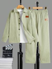 SHEIN Boys' Solid Color Cardigan With Lapel Collar And Matching Pants Set - Green - View 1