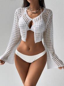SHEIN Swim Summer Ladies' Hollow Out Kimono - White - View 3