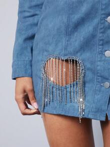 Denimoi Rhinestone Fringe Heart Button Front Shirt Denim Dress - Light Wash - View 4