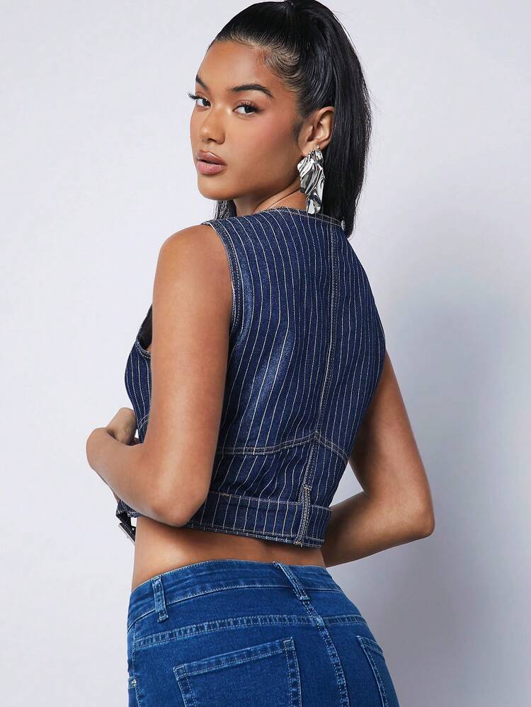 Pinstripe Buckle Waist Sleeveless Denim Top
