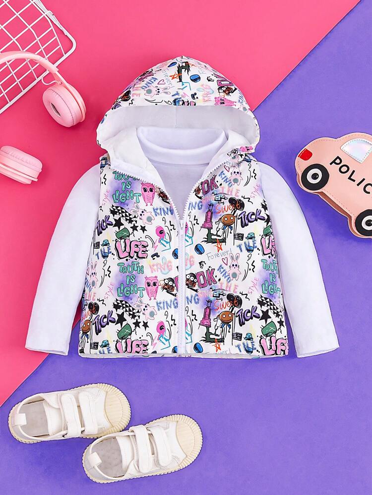 Baby Girls' Thickened Letter Printed Hooded Padded Vest For Keeping Warm