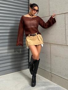 SHEIN Unity 女士船頸透視休閒毛衣 - 咖啡棕 - 查看 5