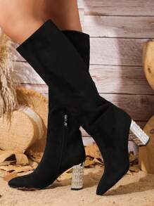 Women's Elegant Pointed Toe, Metallic Shiny Chunky High Heel Over The Knee Boots For Party, Winter(black) - Black - View 1
