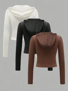 SHEIN Unity 女士純色拉鍊前帽t恤,帶束帶 - 彩色 - 查看 2