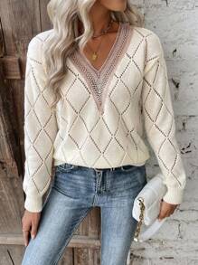 SHEIN LUNE 刺繡拼接空心針織衫 - 白色 - 查看 1