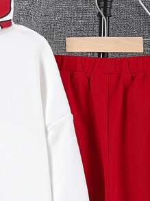 男孩休閒鬆身款純色連帽衫和褲子套裝,印有字母圖案 - 白色 - 查看 5