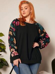 SHEIN CURVE+ Plus Size Women'S Floral Raglan Sleeve Sweatshirt - Black - View 3