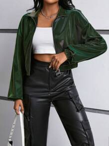 SHEIN EZwear سترة نسائية بألوان صلبة وسحاب من الأمام - أخضر - مشاهدة 1