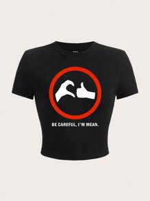 SHEIN EZwear 女標語印花t卹 - 黑色 - 查看 1