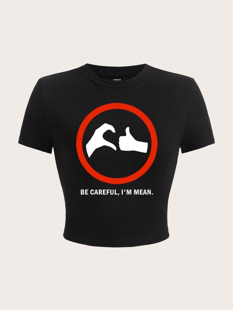 SHEIN EZwear 女標語印花t卹 - 黑色 - 查看 1